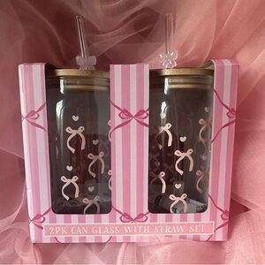 Pink Bow Glass Can Set with Straws